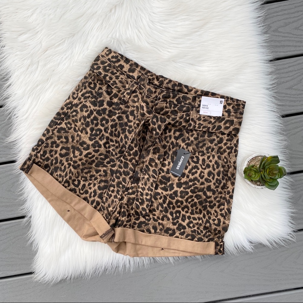 Express Leopard Tie Waist Denim Shorts